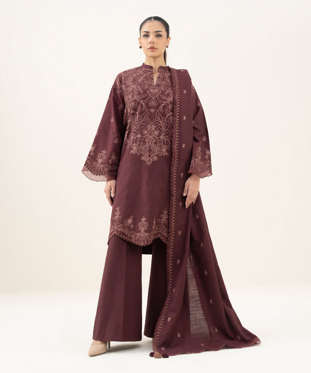 Women's Unstitched Embroidered Khaddar Maroon 3 Piece Suit