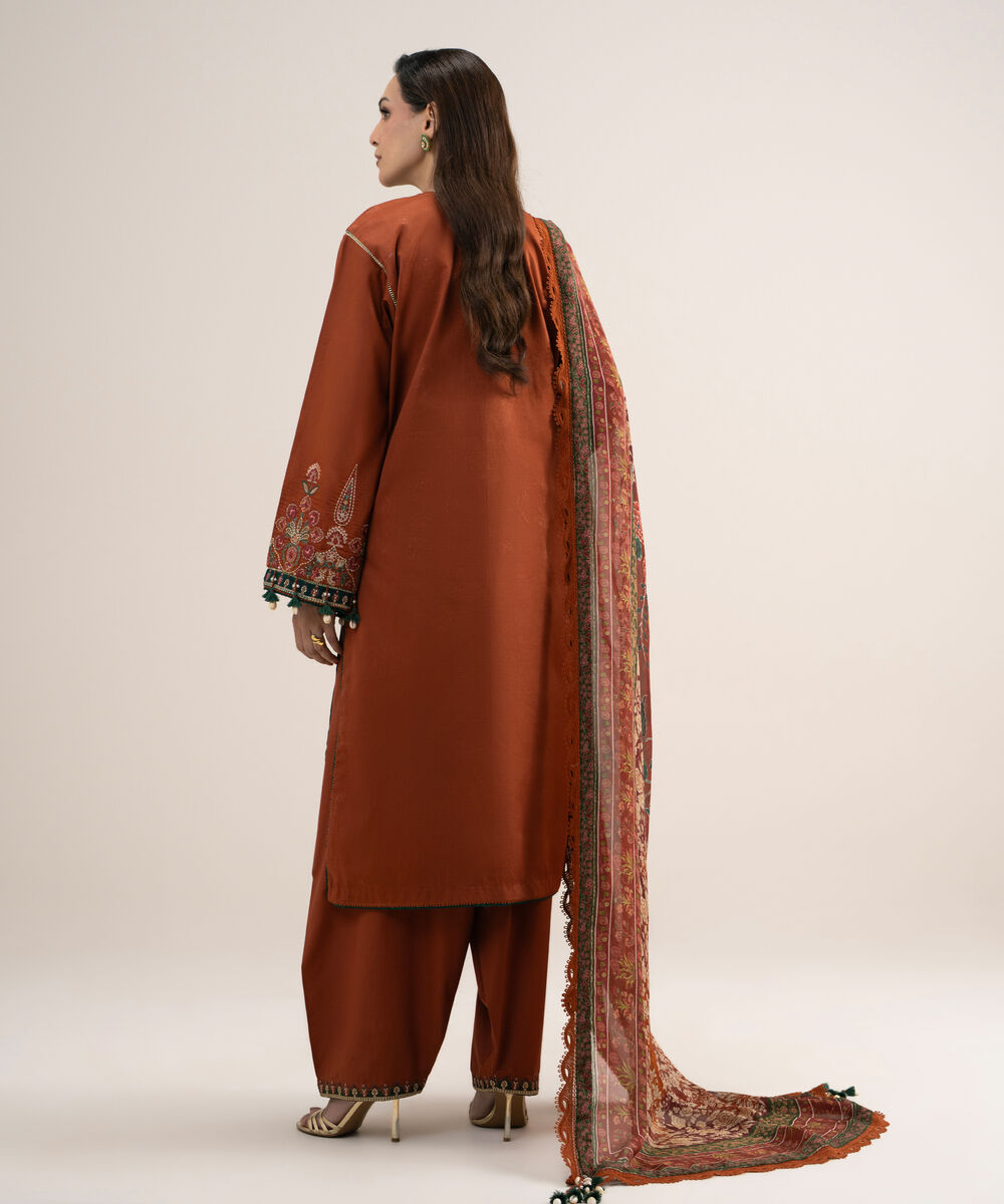 Women's Unstitched Embroidered Fine Cotton Satin Rust 3 Piece Suit