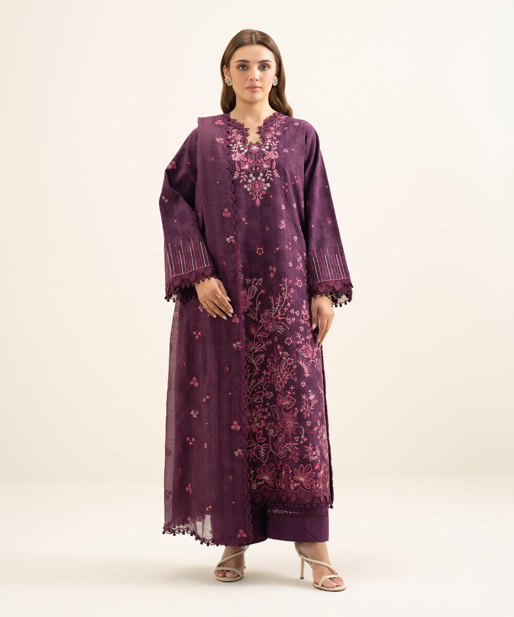 Women's Unstitched Cotton Jacquard Embroidered Purple 3 Piece Suit