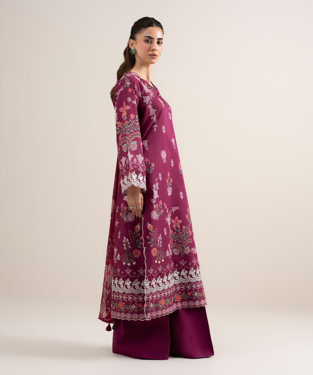 Women's Unstitched Lawn Embroidered Pink 3 Piece Suit