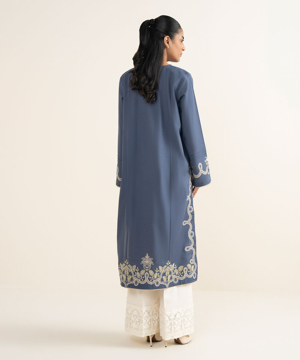 Women's RTW Cotton Embroidered Blue A-Line Shirt