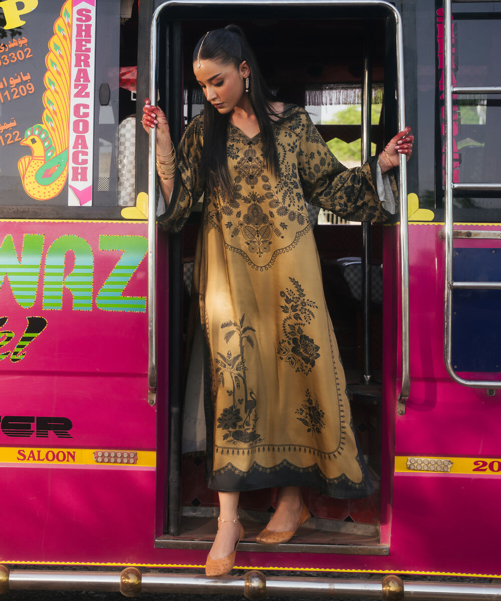 Women's RTW Blended Satin Printed Olive Green 2 Piece Suit