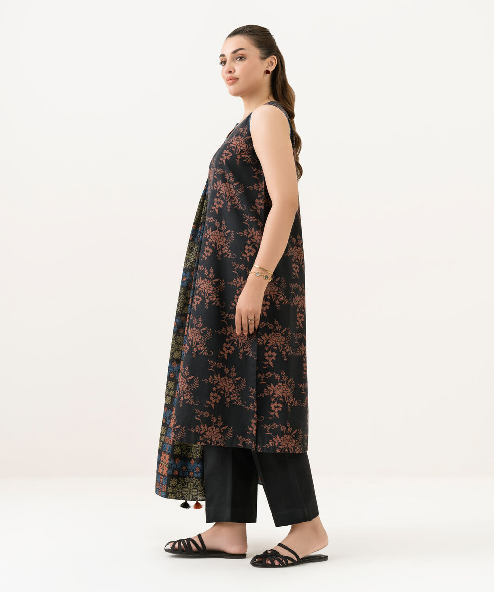 Women's Unstitched Khaddar Printed Black 3 Piece Suit