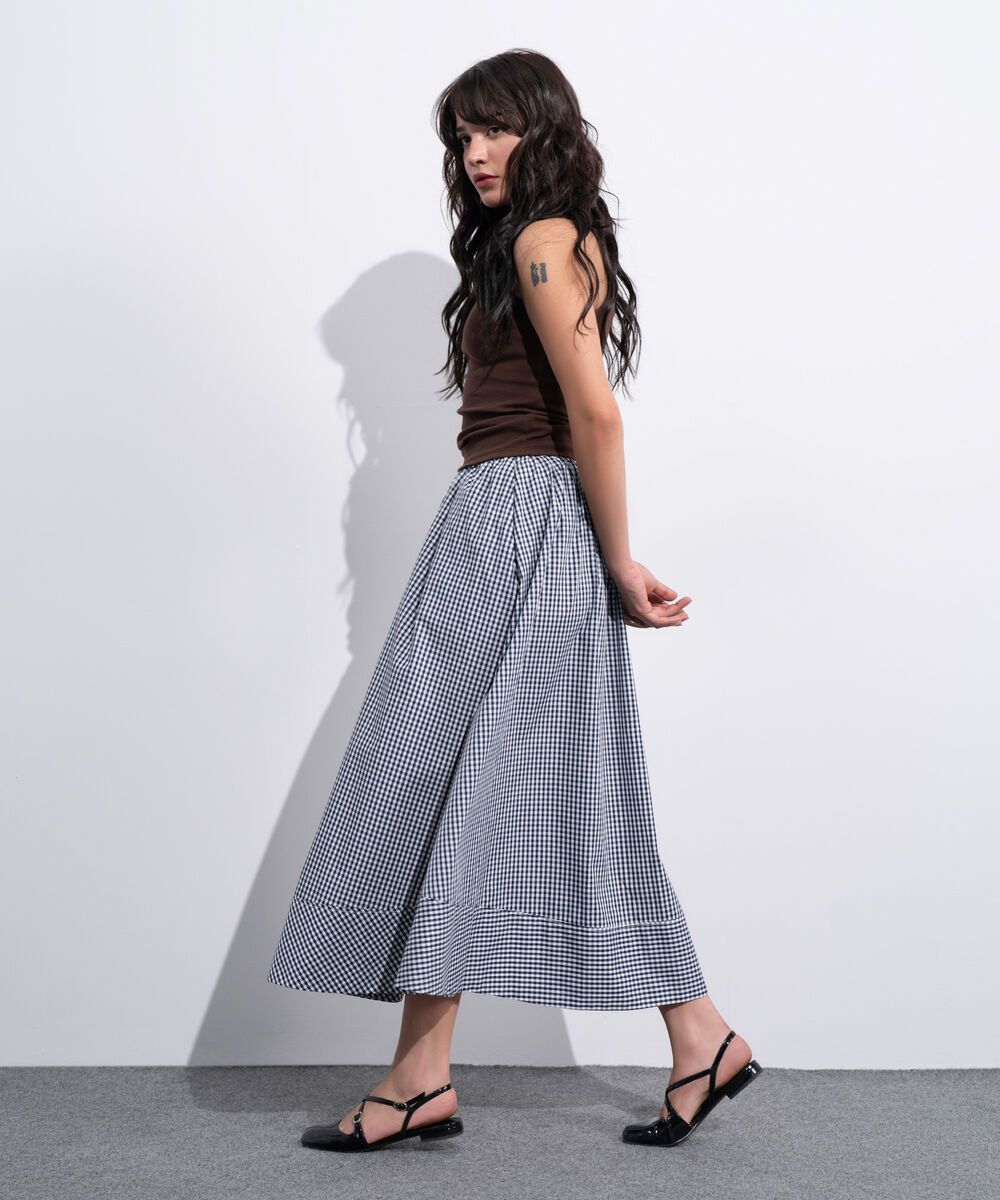 Women's Western White And Navy Flared Gingham Skirt