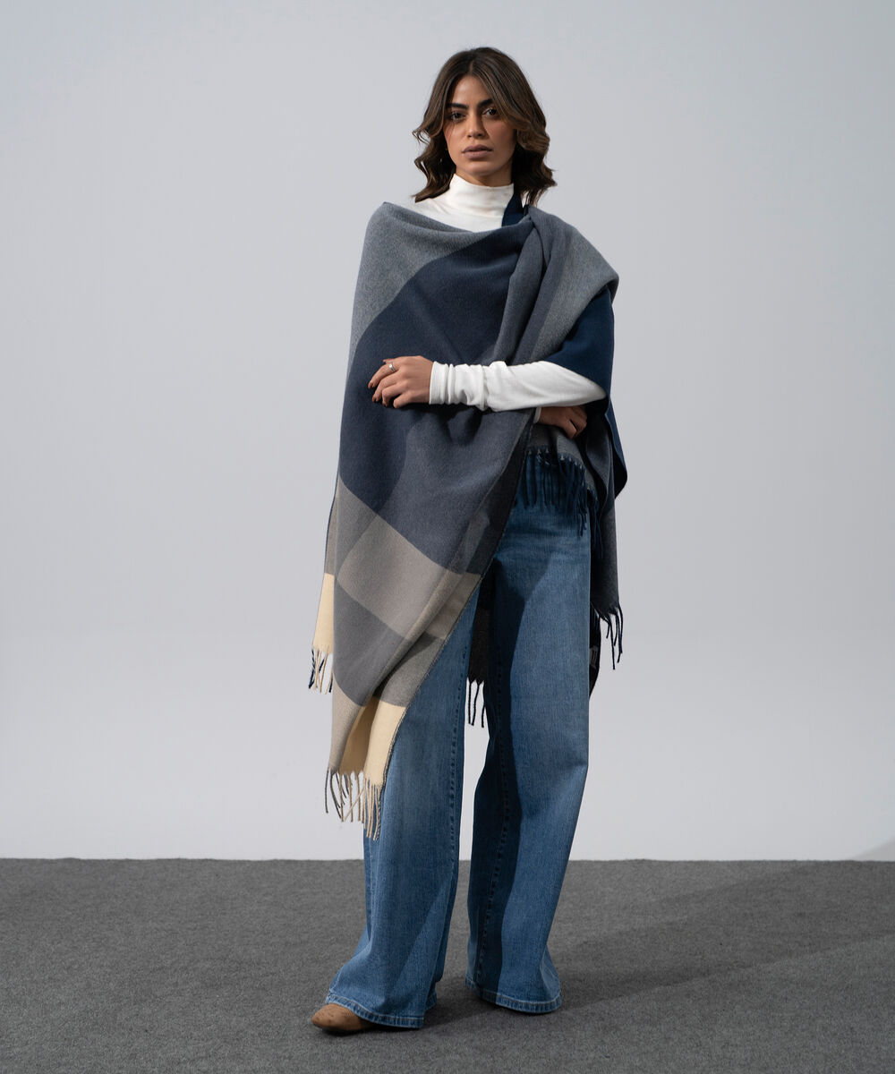 Women's Western Wear Grey Polyester Striped Cape Shawl