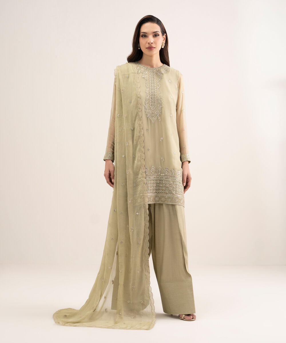 Women's Unstitched Blended Chiffon Embroidered Green 3 Piece Suit