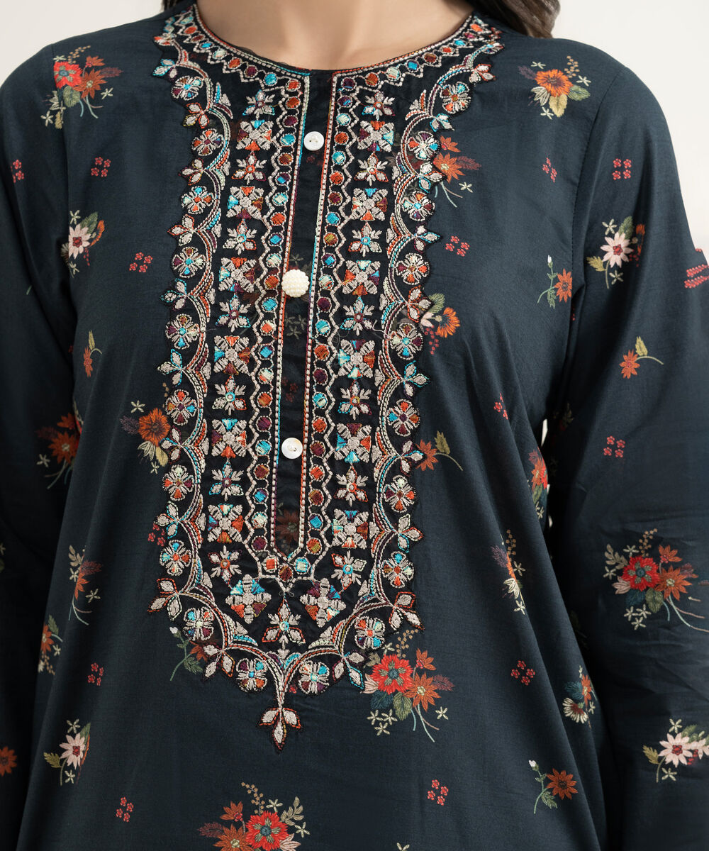 Women's RTW Slub Lawn Embroidered Black Straight Shirt