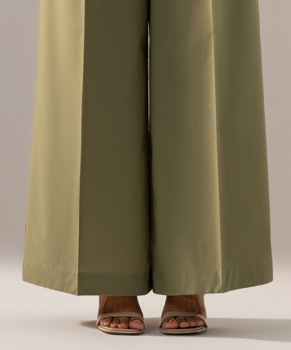 Women's RTW Cambric Solid Green Flared Pants