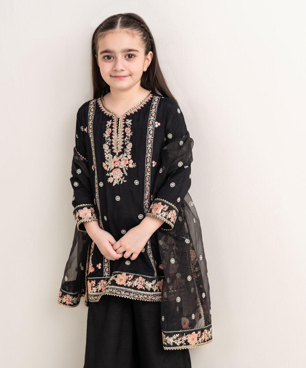 Girl's Viscose Raw Silk Black Embroidered 3 Piece Suit