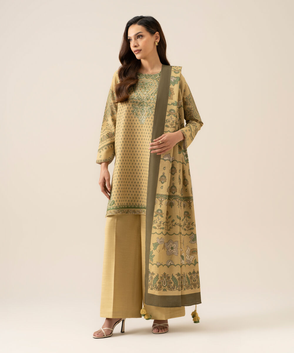 Women's Unstitched Cotton Embroidered Beige 3 Piece Suit