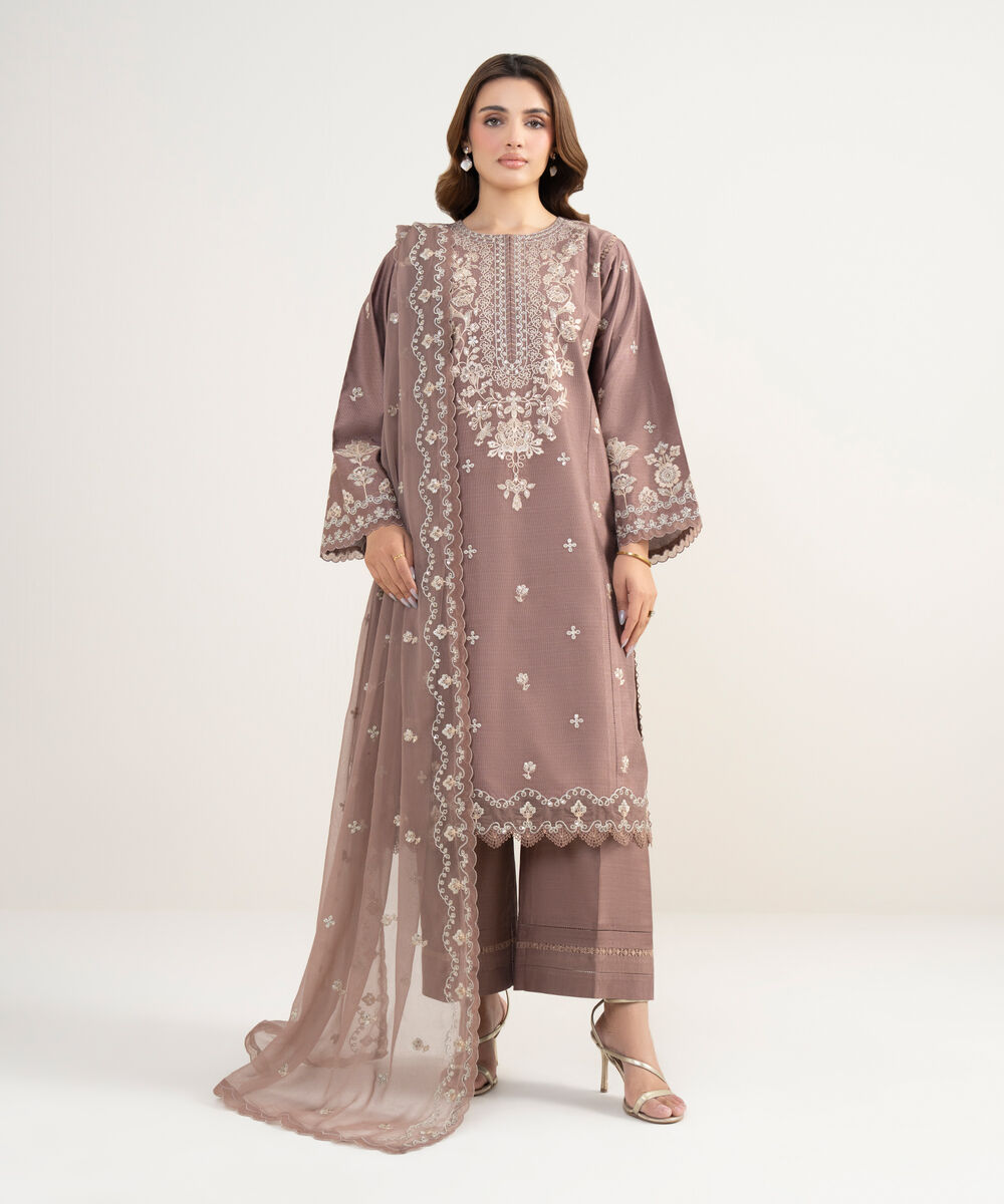 Women's Unstitched Cotton Net Embroidered Pink 3 Piece Suit