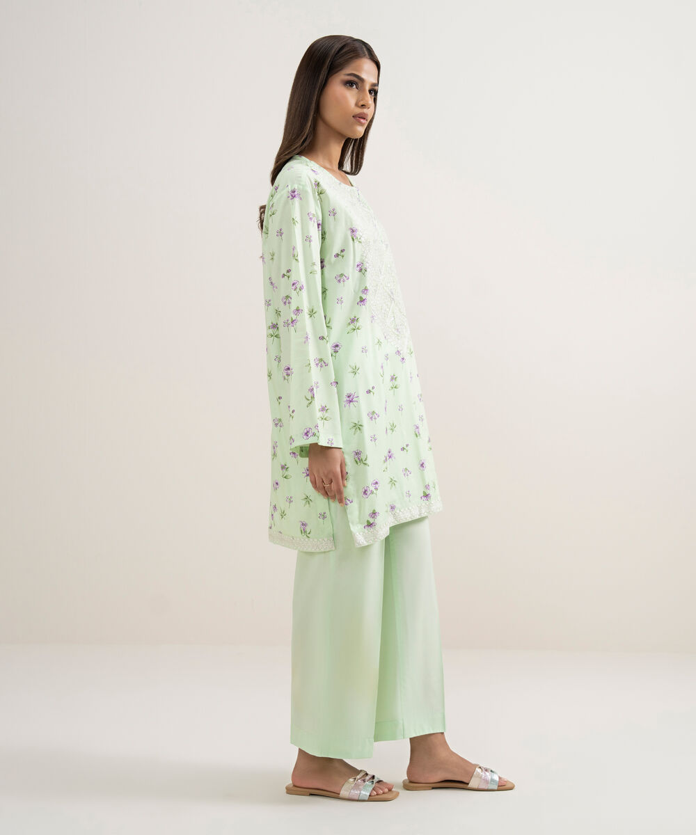 Women's RTW Cotton Viscose Embroidered Green Straight Shirt