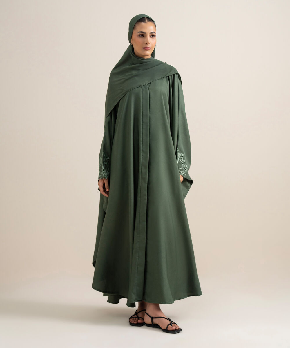 Women's Emerald Green Embroidered Kaftan Abaya Set