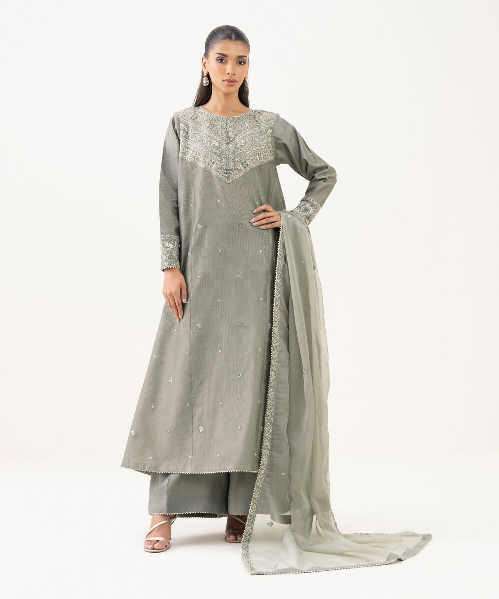 Women's RTW Blended Silk Cotton Net Embroidered Grey Three Piece Suit