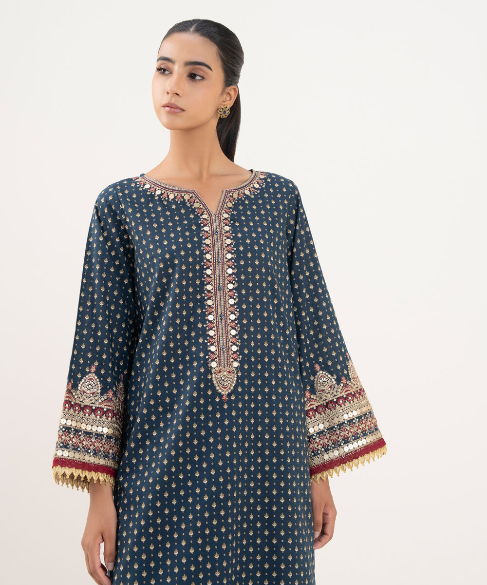 Women's RTW Textured Lawn Blue Embroidered A-Line Shirt
