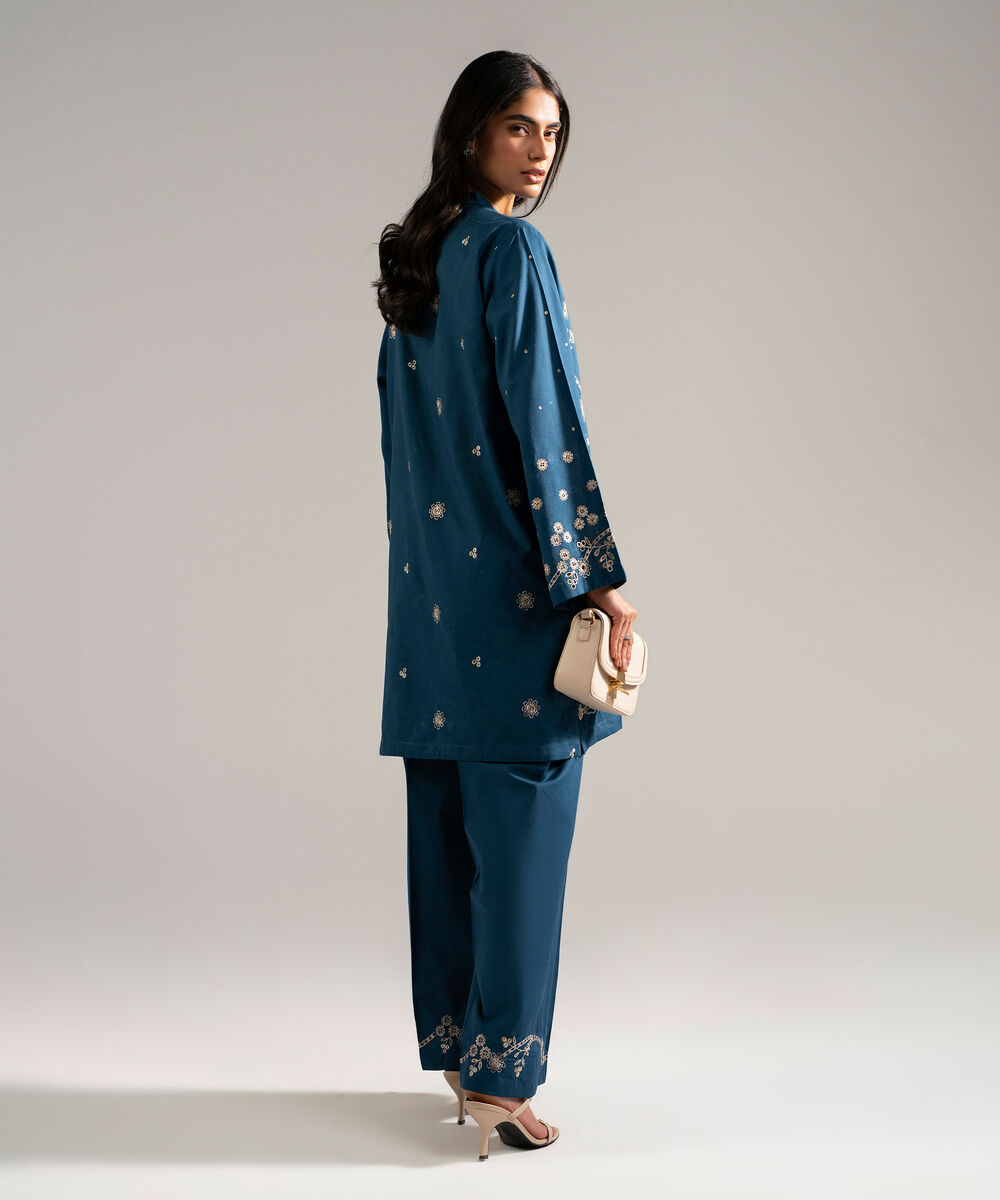 Women's RTW Self Jacquard Embroidered Blue 2 Piece Suit