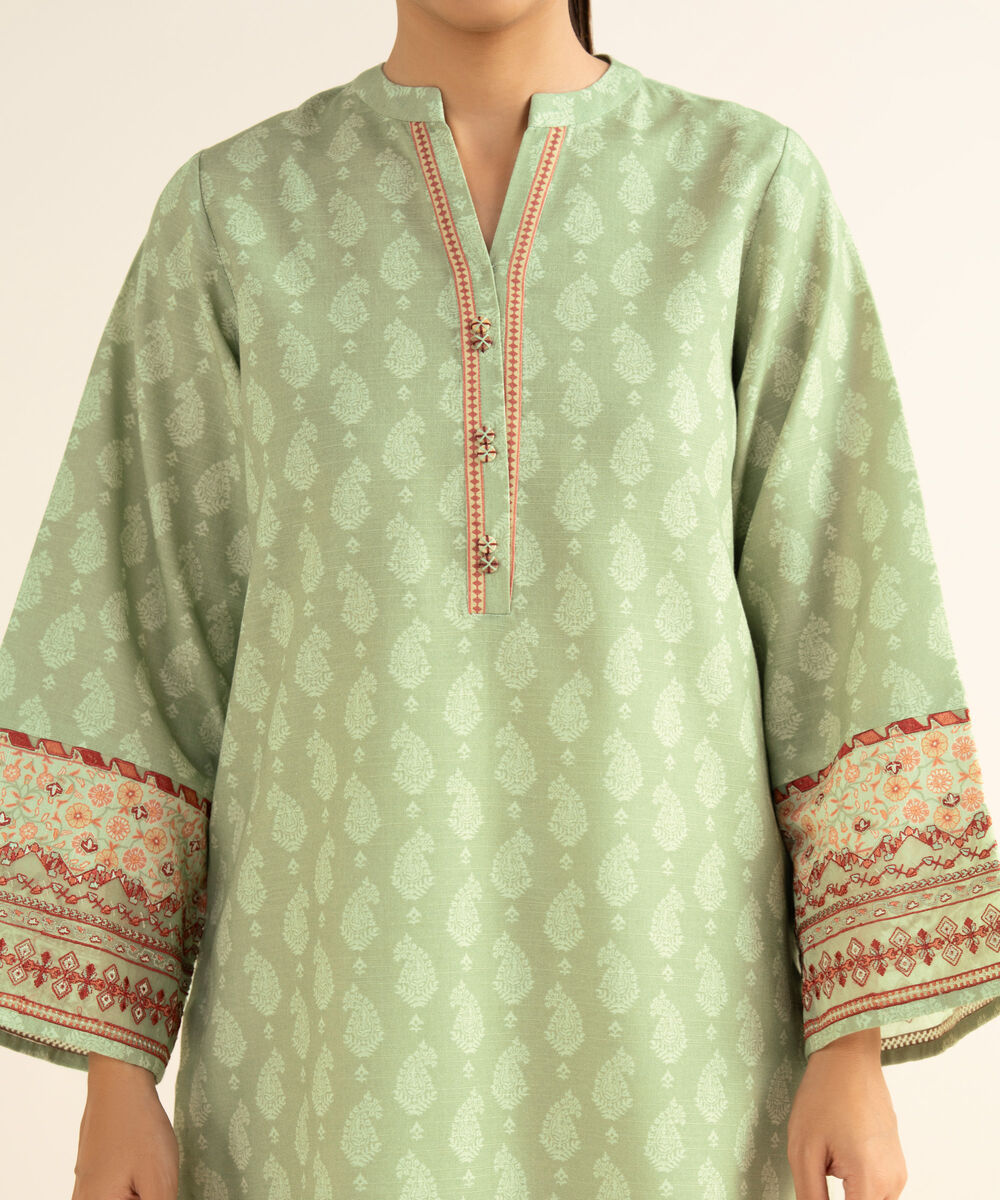 Women's Unstitched Light Khaddar Embroidered Green 2 Piece Suit