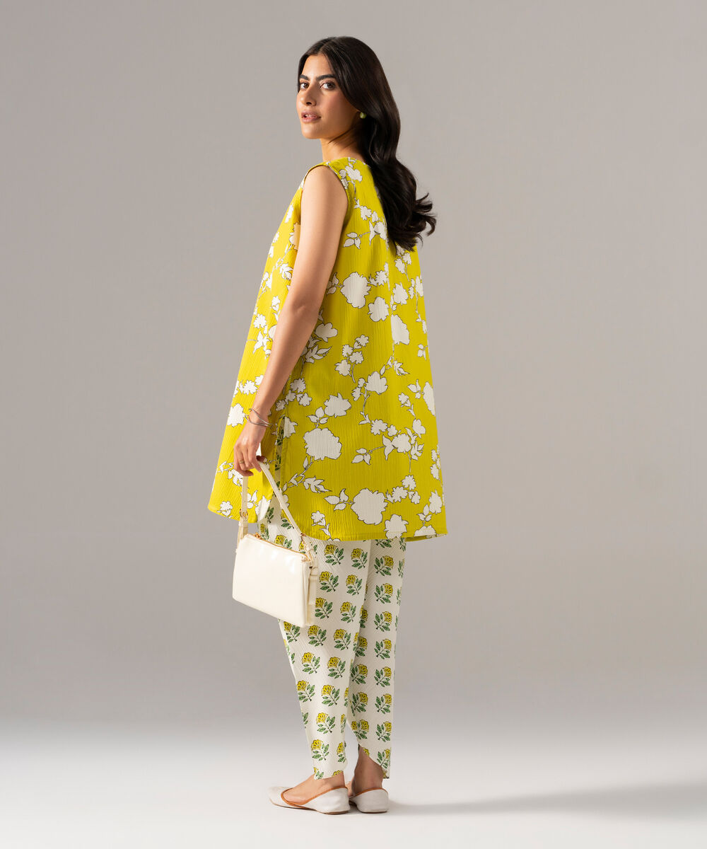 Women's RTW Seersucker Printed Lime Green Straight Shirt