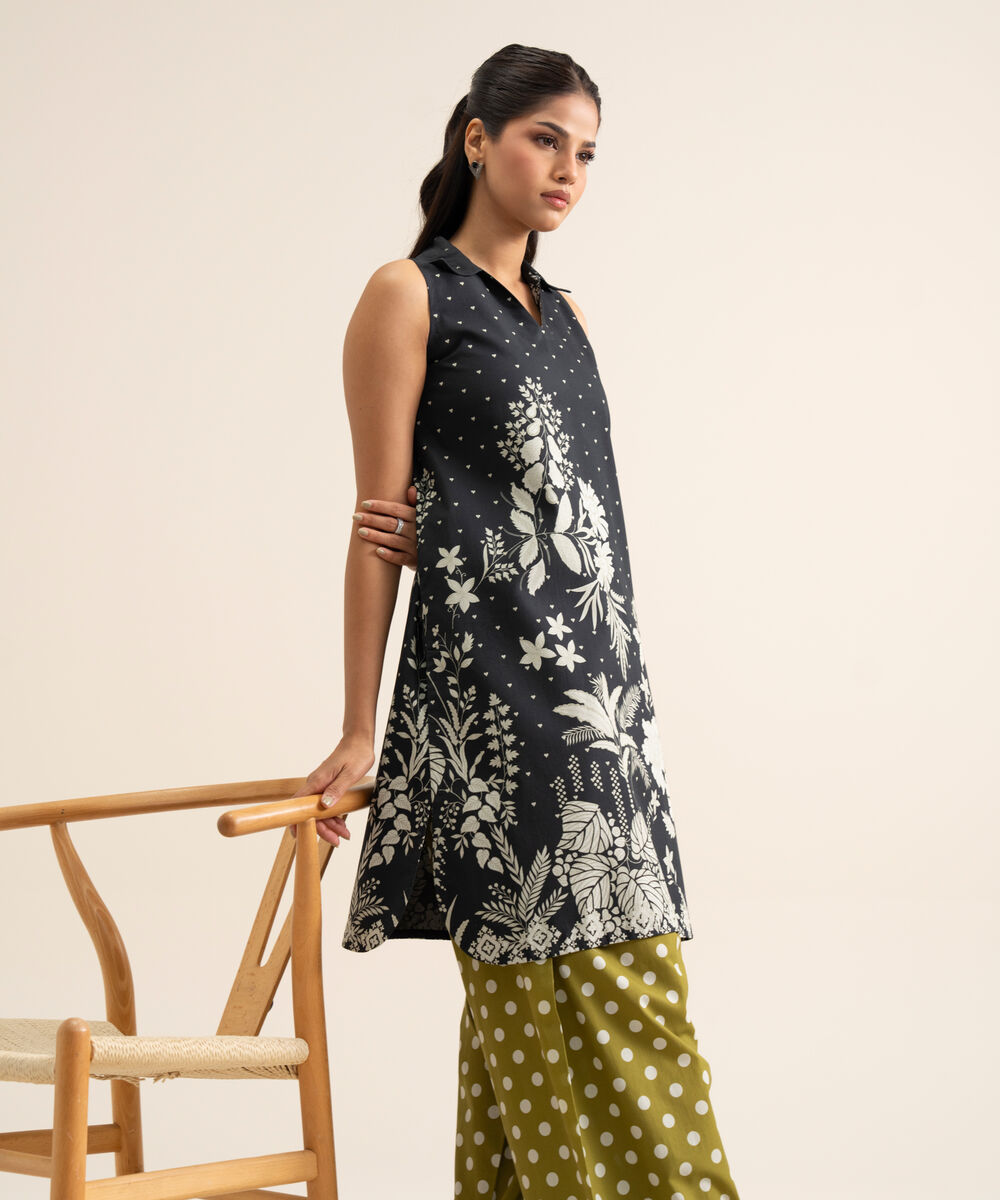 Women's Unstitched Cotton Printed Black & White 1 Piece Suit