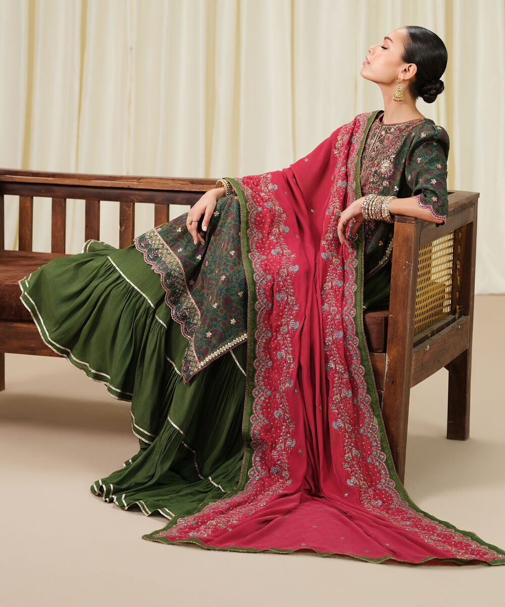 Women's Unstitched Embroidered Viscose Raw Silk Green 3 Piece Suit