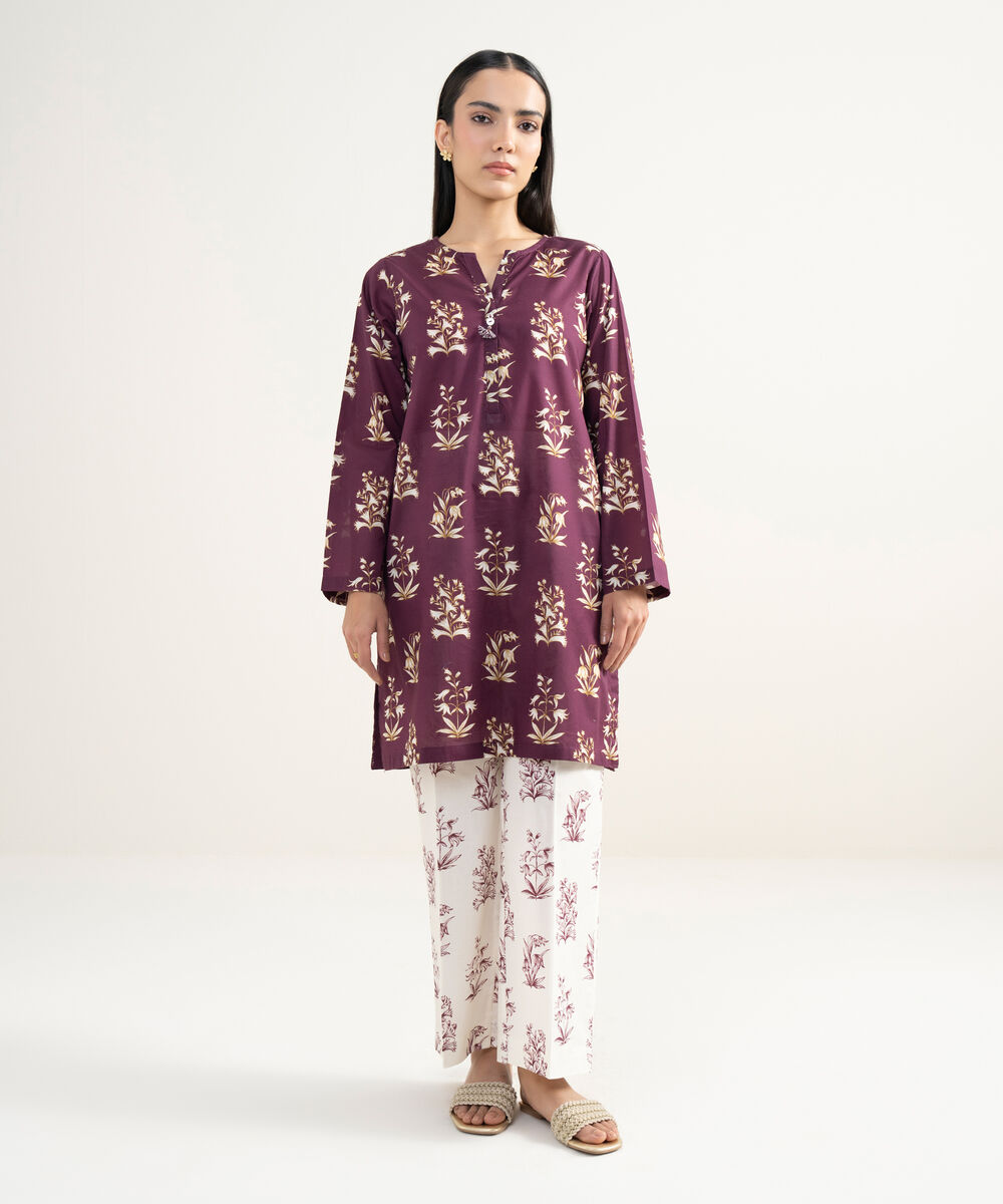 Women's RTW Lawn Printed Purple Straight Shirt