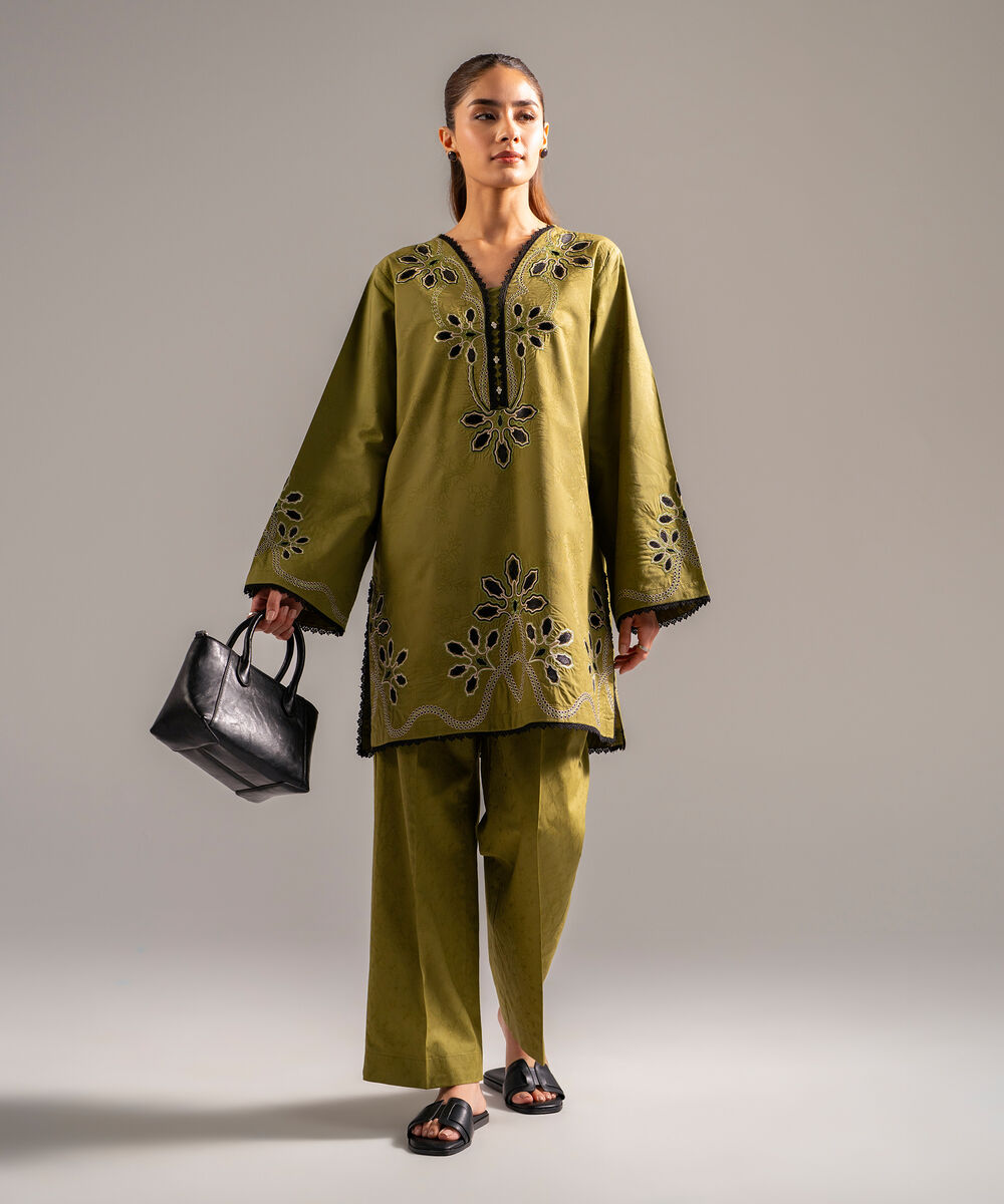 Women's RTW Self Jacquard Embroidered Olive Green 2 Piece Suit