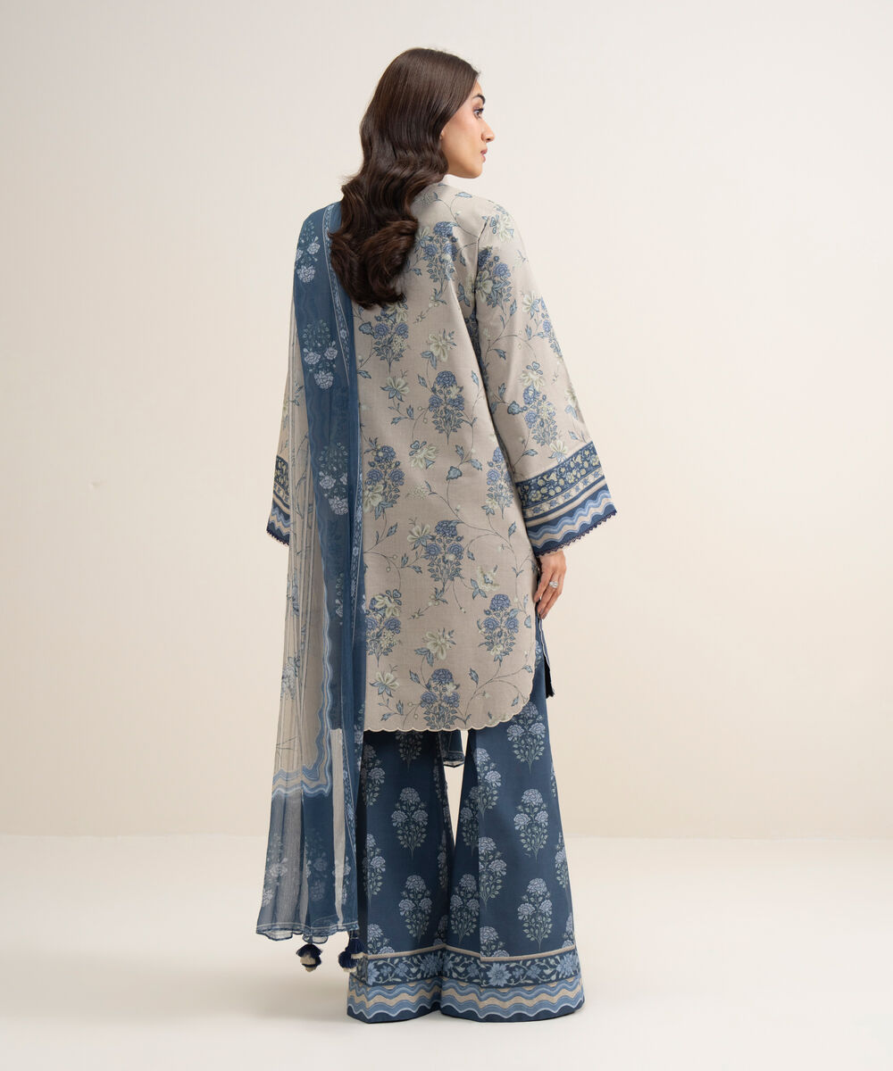 Women's Unstitched Lawn Embroidered Beige 3 Piece Suit