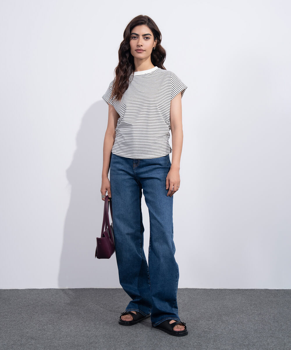 Women's Western Black And White Yarn Dyed Waist Cinched T-Shirt