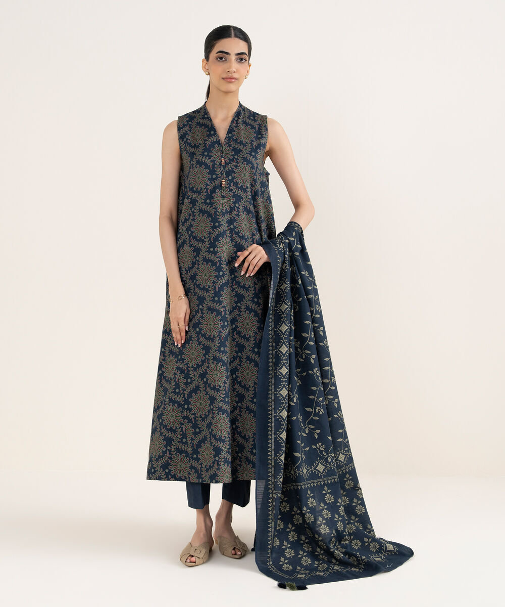 Women's Unstitched Printed Dobby Dark Blue 3 Piece Suit