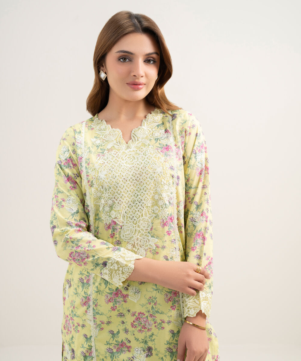 Women's RTW Lawn Embroidered Yellow A-Line Shirt