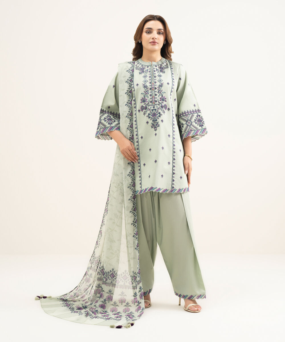 Women's Unstitched Lawn Green Embroidered 3 Piece Suit