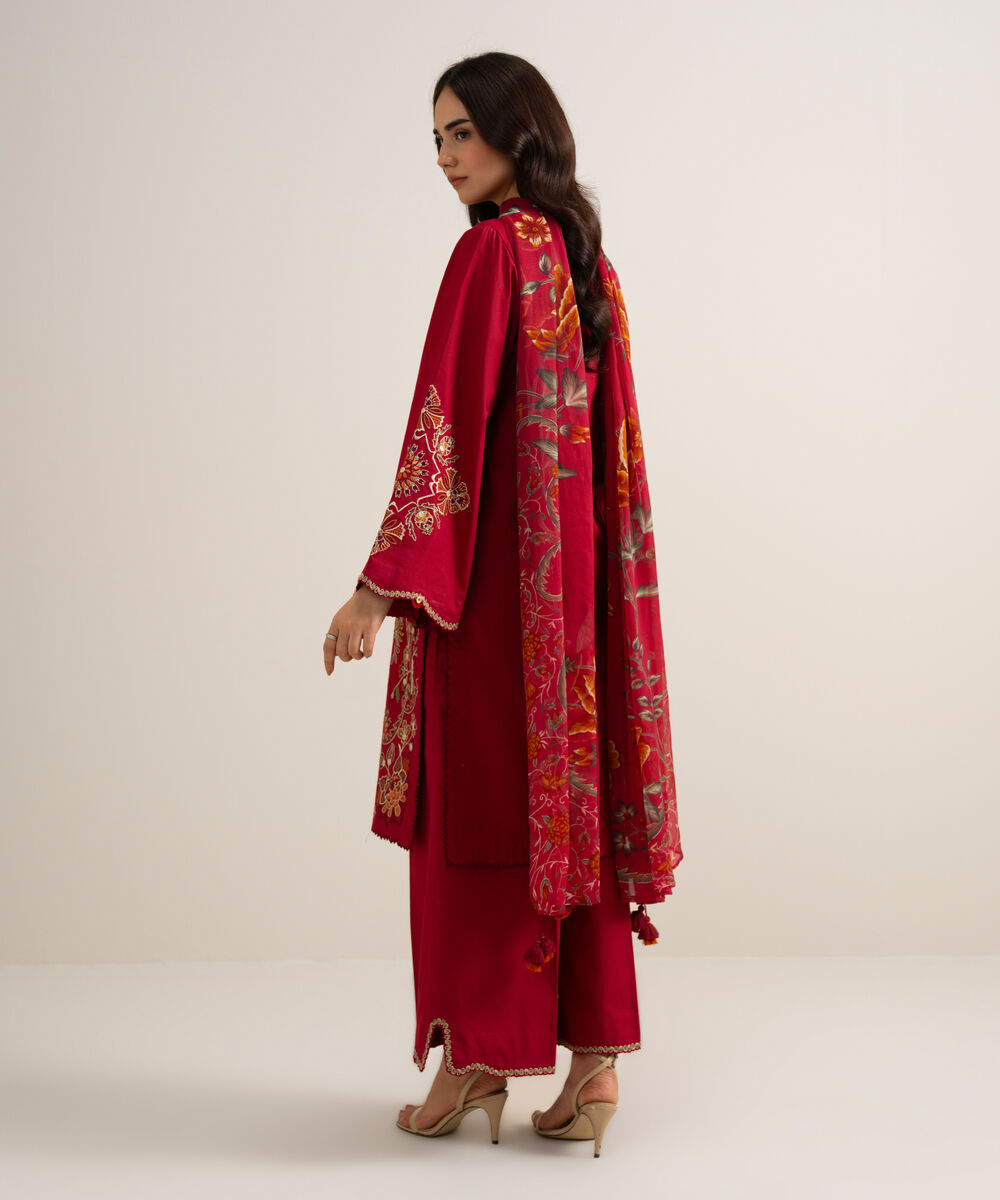 Women's Unstitched Embroidered Cotton Viscose Red 3 Piece Suit