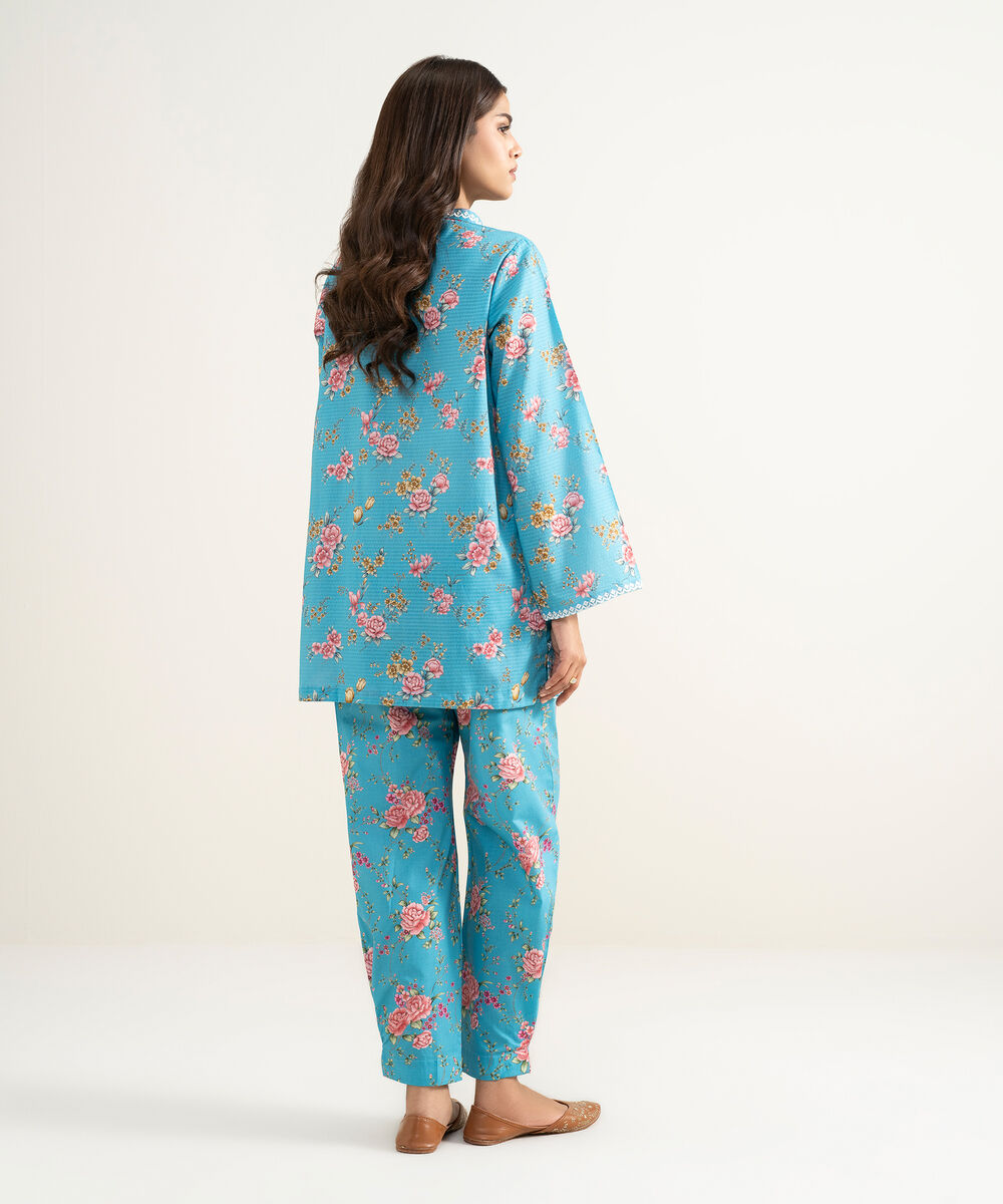 Women's RTW Dobby Embroidered Blue Straight Shirt