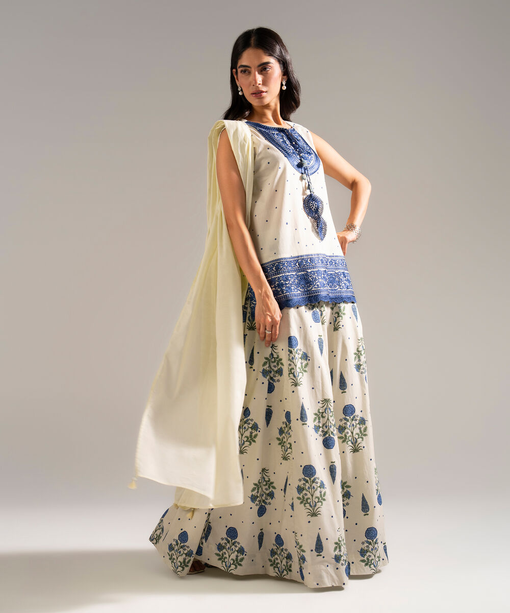 Women's RTW Lawn Embroidered Beige 3 Piece Suit