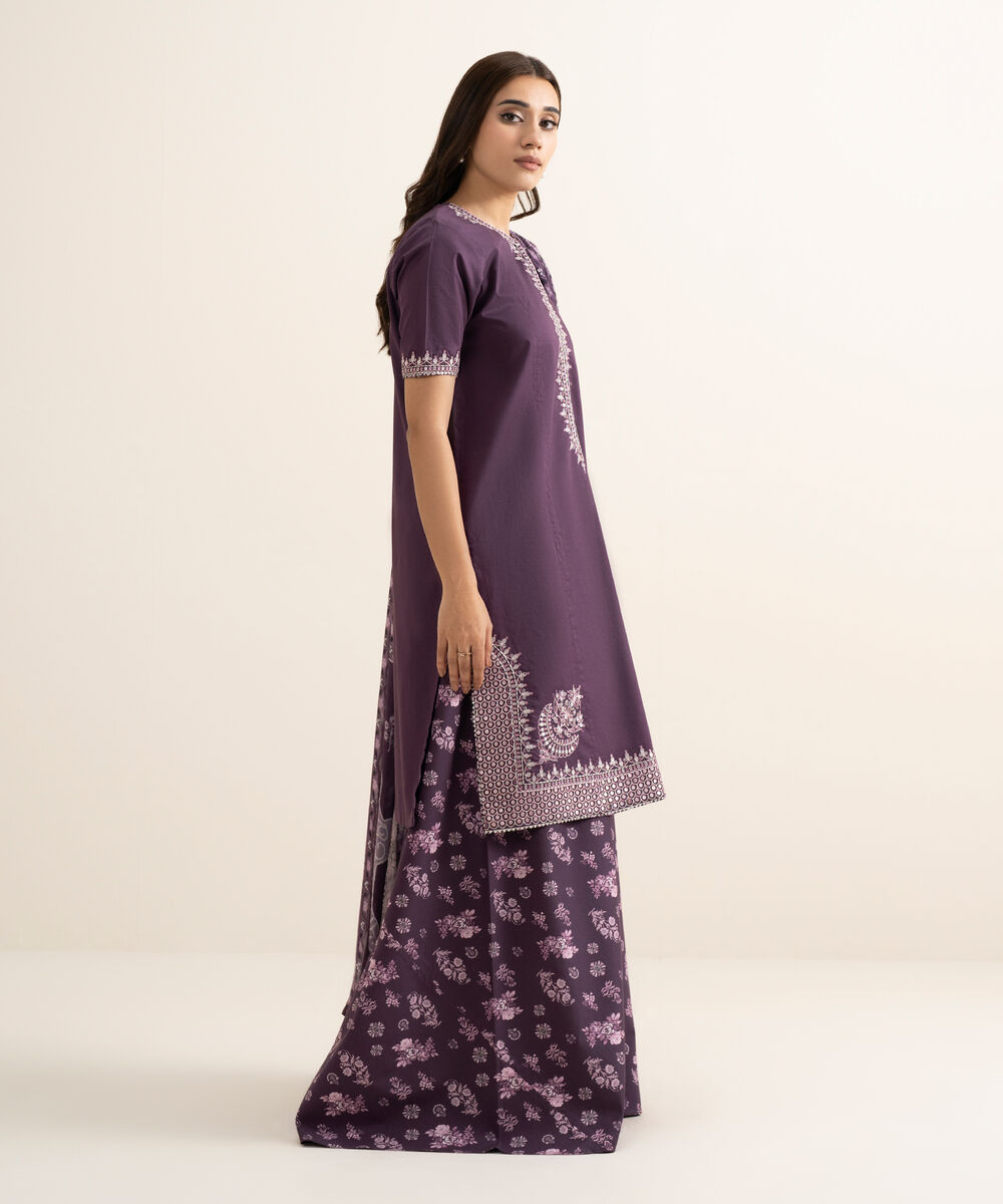 Women's Unstitched Textured Lawn Embroidered Purple 3 Piece Suit