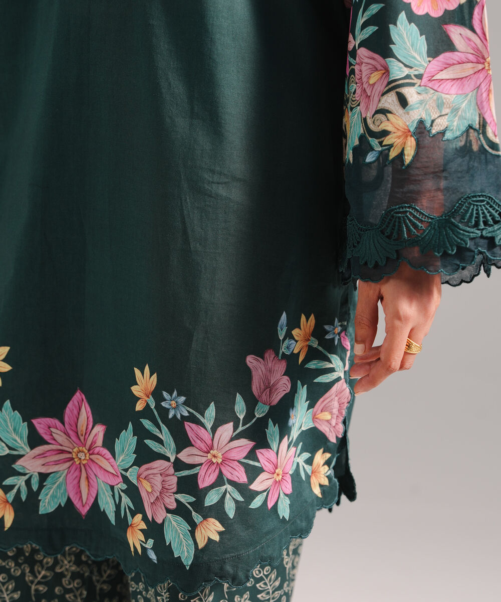 Women's RTW Lawn Printed Dark Green Straight Shirt