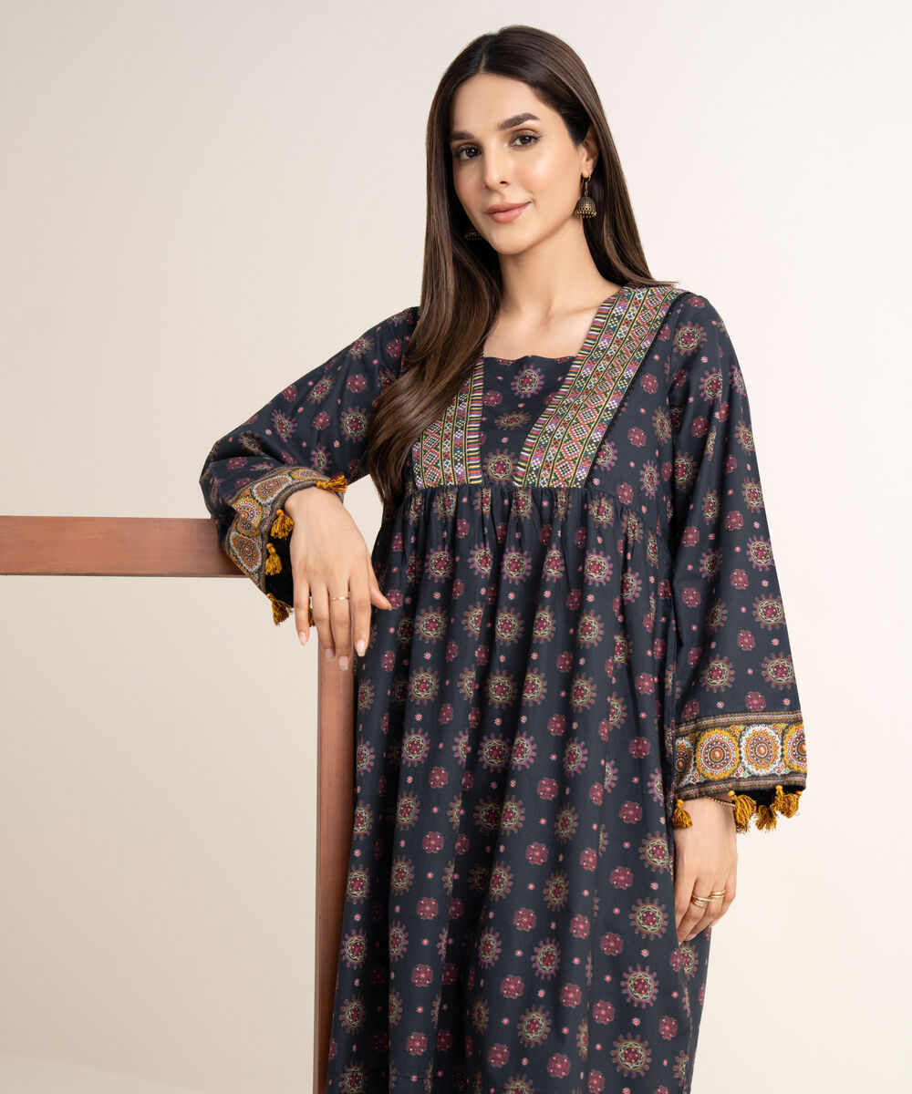 Women's RTW Cambric Black Printed A-Line Shirt