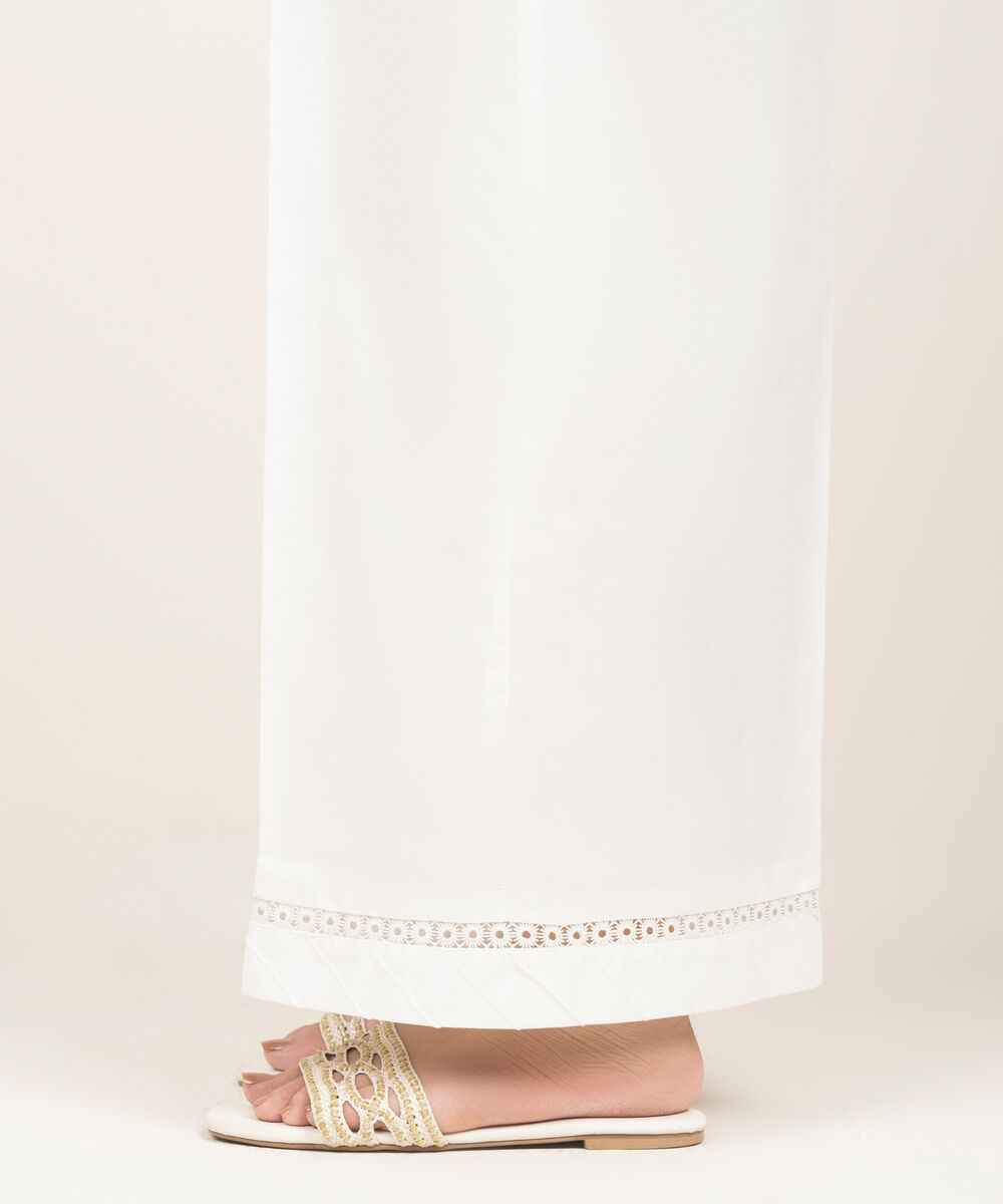 Women's RTW Viscose Raw Silk Solid White Straight Pants