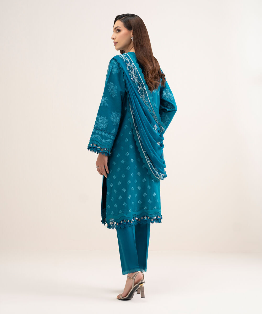 Women's Unstitched Extra Weft Jacquard Embroidered Blue 3 Piece Suit