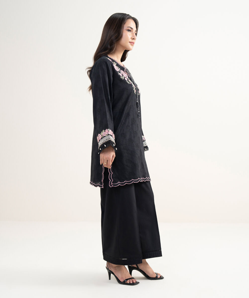 Women's RTW Self Jacquard Embroidered Black Straight Shirt