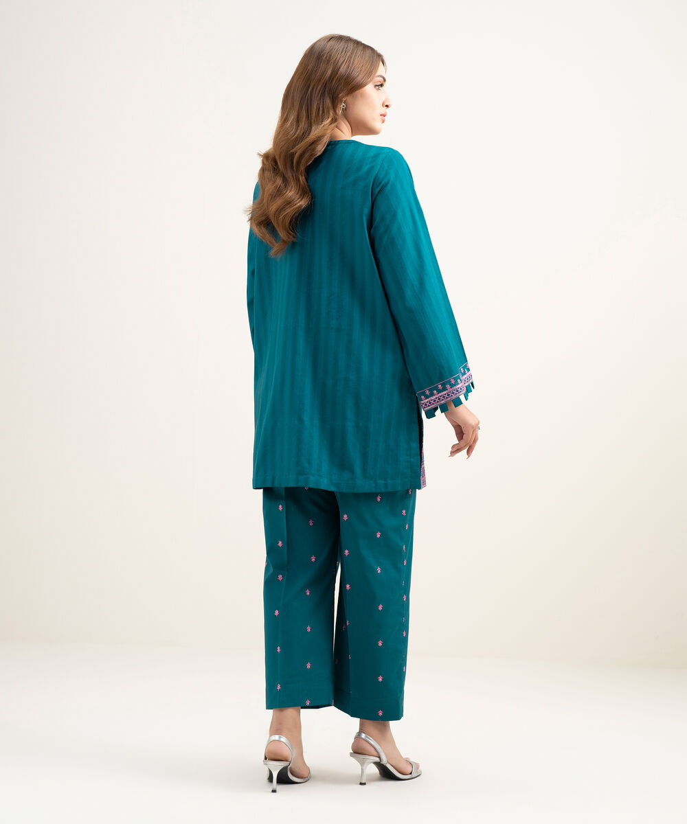 Women's RTW Dobby Embroidered Teal 2 Piece Suit