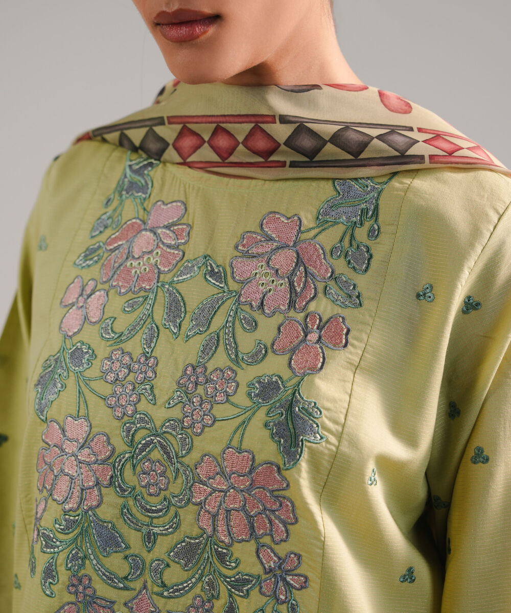 Women's RTW Zari Lawn Embroidered Green 3 Piece Suit