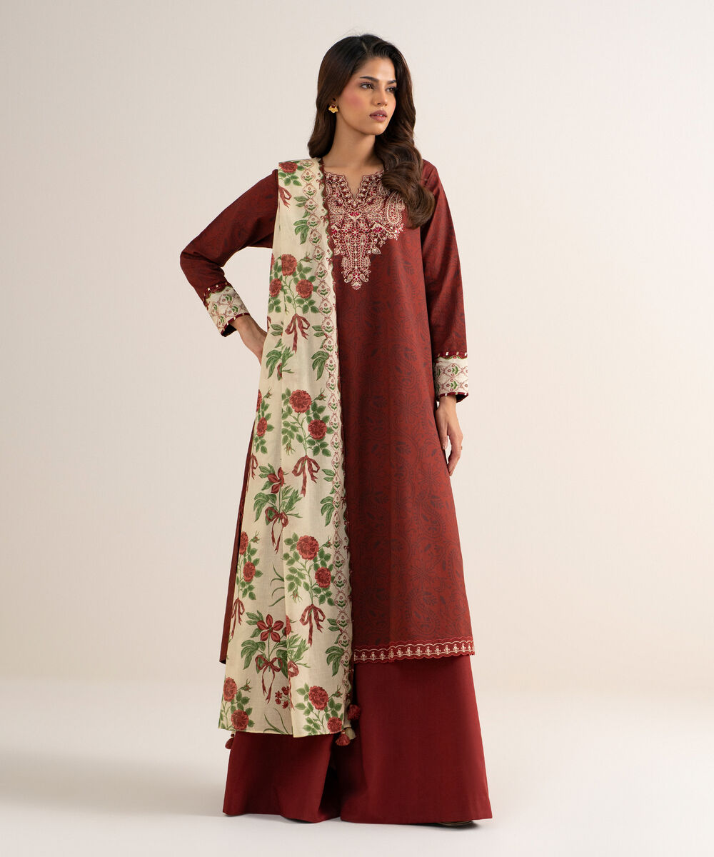 Women's Unstitched Cotton Embroidered Red 3 Piece Suit