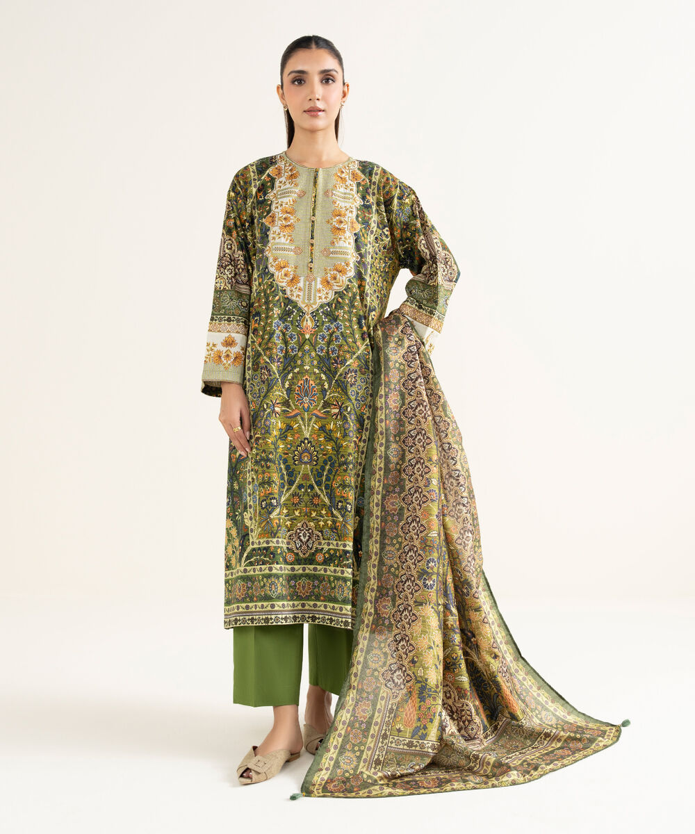 Women's RTW Linen Viscose Embroidered Green A-Line Shirt