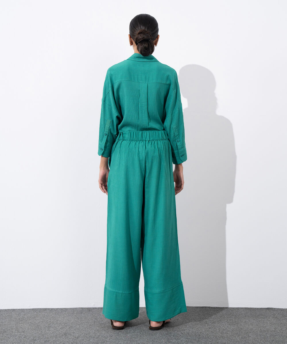 Women's Western Wear Green Wide-Leg Textured Trousers