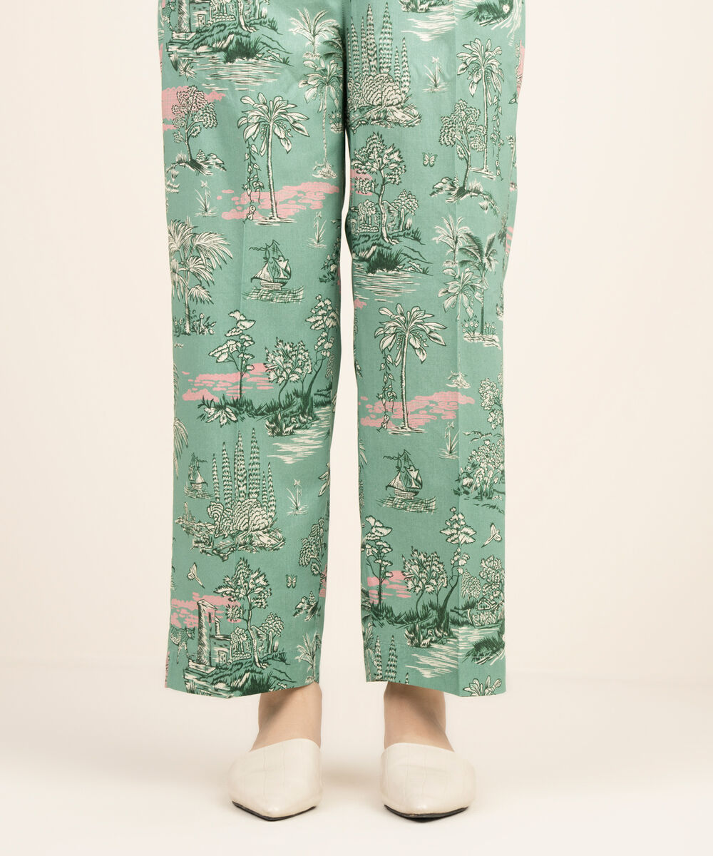 Women's RTW Cotton Viscose Printed Green Straight Pants