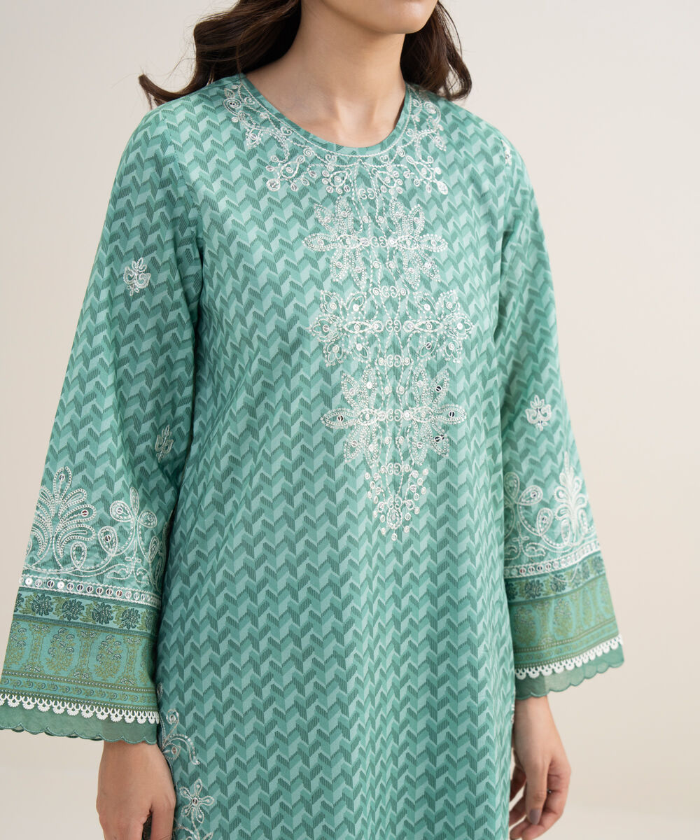 Women's Unstitched Lawn Embroidered Aqua Green 3 Piece Suit