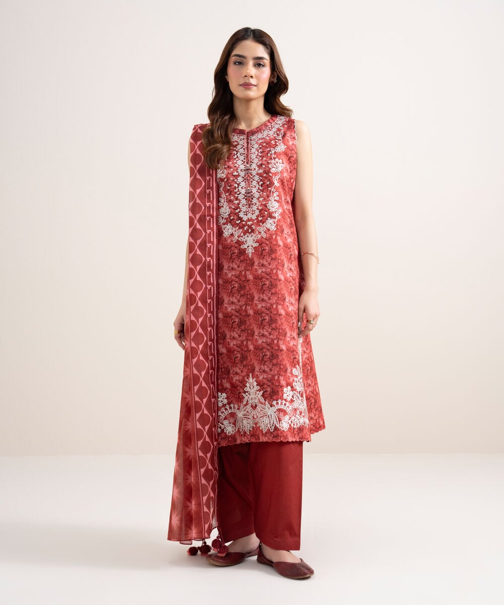 Women's Unstitched Lawn Embroidered Red 3 Piece Suit
