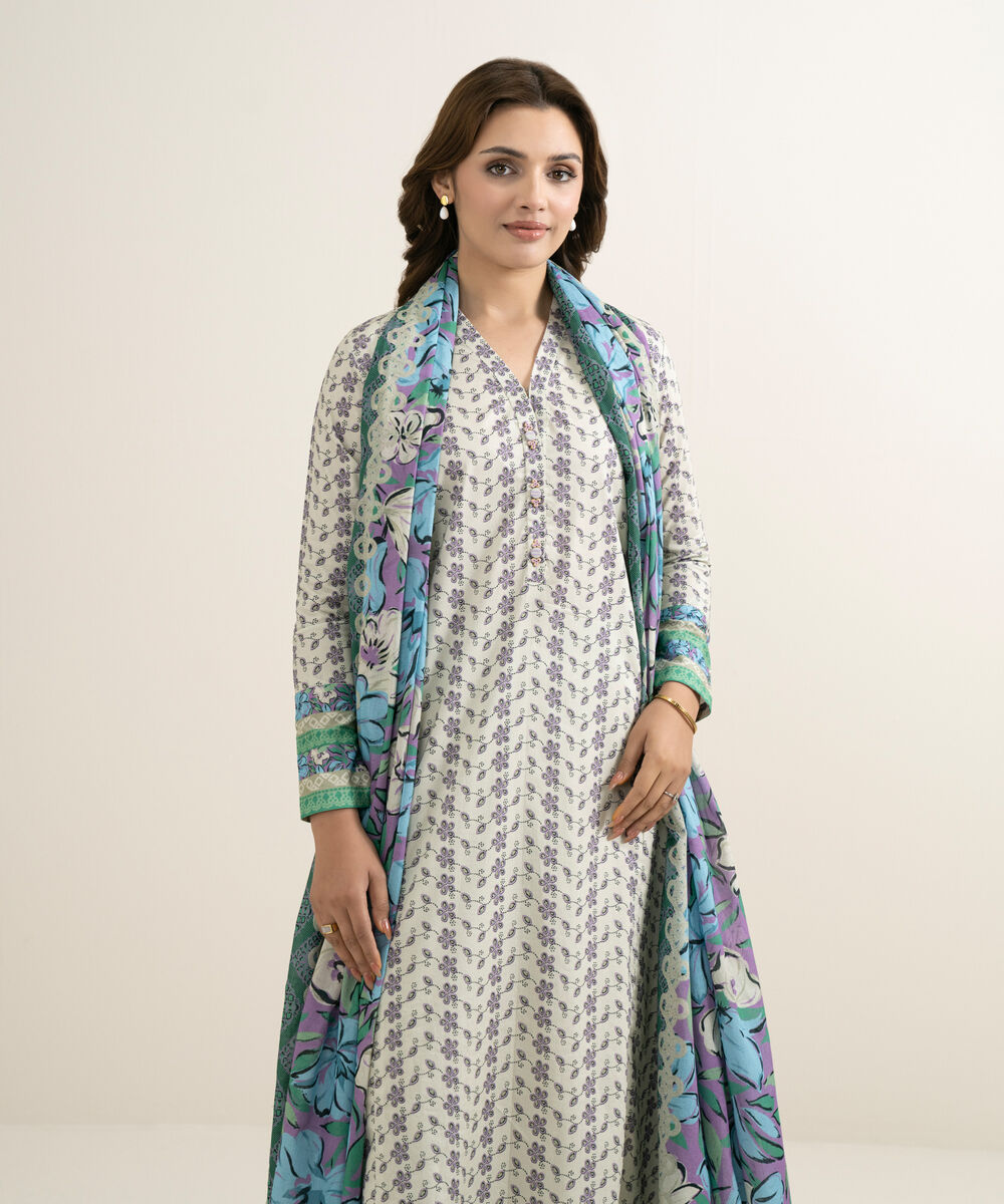 Women's Unstitched Lawn Printed Off White 2 Piece Suit