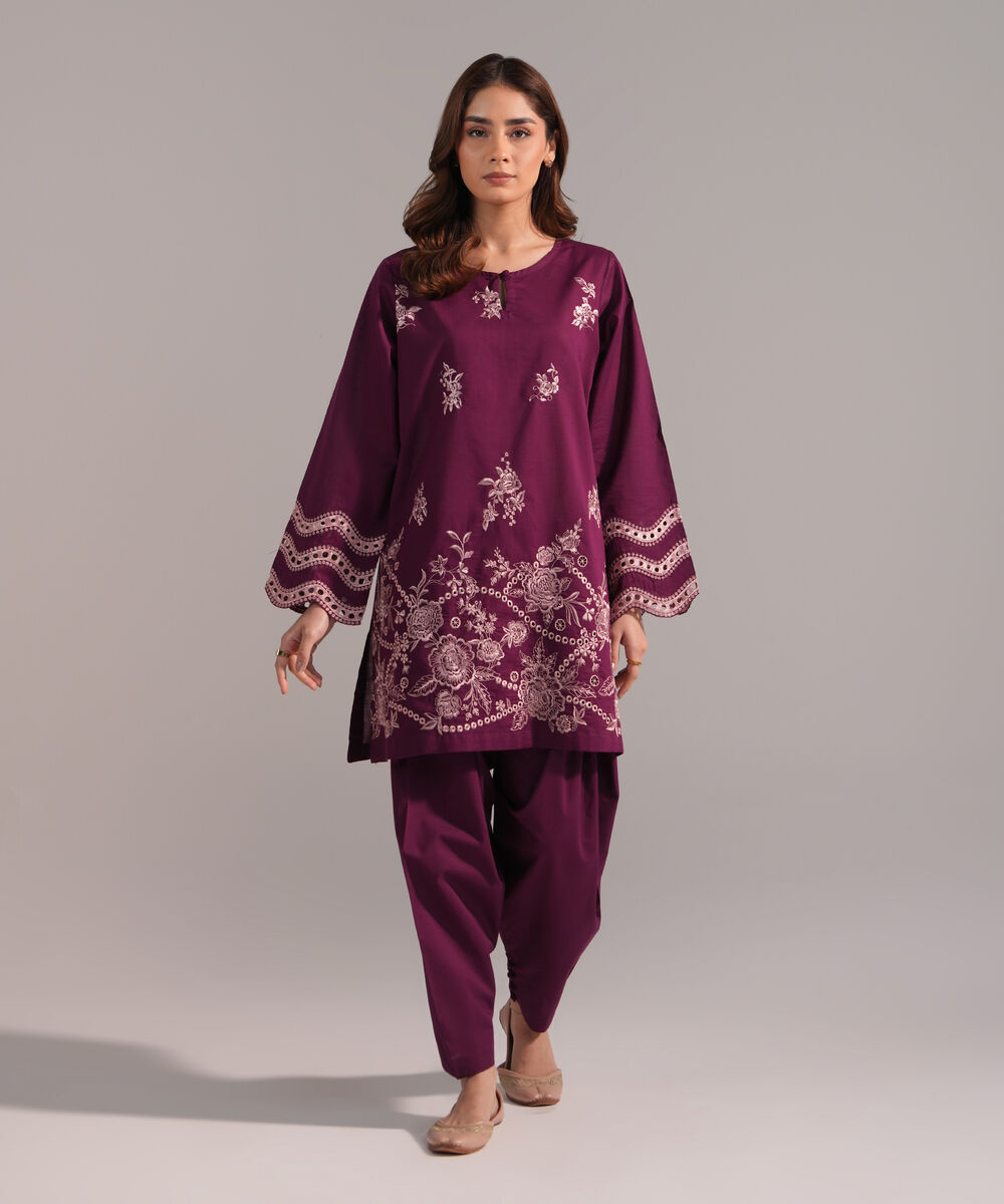 Women's RTW Crosshatch Embroidered Purple Straight Shirt
